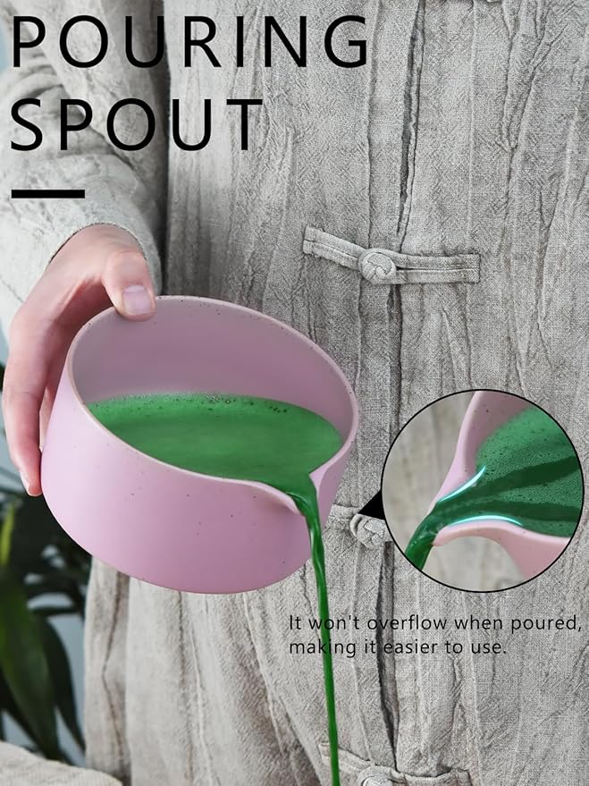Artcome Matte Pink Matcha Bowl Set with Spout – Handmade Ceramic Chawan, Bamboo Whisk, Whisk Holder, Tea Scoop, and Matcha Manual – Japanese Tea Ceremony Set for Matcha Lovers