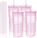 20oz Glass Cups with Lids and Straws - Set of 4 Reusable Tumblers, Thickened Shatter-Resistant Glass, Ideal for Iced Coffee, Smoothies, Cocktails, Juices - Elegant & Durable Drinkware (Pink)