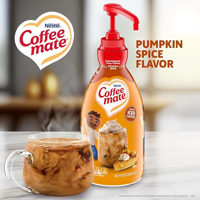 Nestle Coffee mate Coffee Creamer, Pumpkin Spice, Concentrated Liquid Pump Bottle, Non Dairy, No Refrigeration, 50.7 oz (Pack of 2)