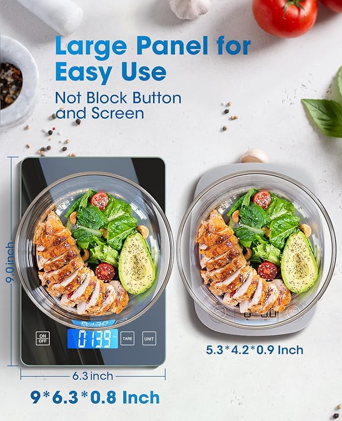 Nicewell Food Scale Digital Weight Grams and oz, 22lb Kitchen Scale for Cooking Baking, 1g/0.1oz Precise Graduation, Sleek Tempered Glass Platform (Black)