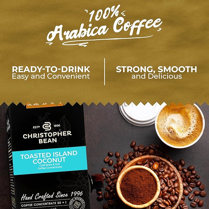Christopher Bean Coffee - 396 servings, 30 to 1 Blend Bag in Box Liquid Instant Coffee or Cold Brew Coffee Concentrate - Hot or Iced Coffee - Toasted Island Coconut