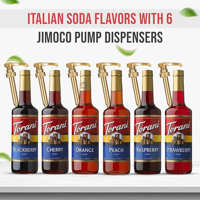 Jimoco Syrup Pump & Torani Syrup Bundle - Fruit Bowl Syrup 6 Pack Summer Flavors, Raspberry, Strawberry, Blackberry, Cherry, Orange and Peach - For Italian Soda Coffee, Lattes, Frappes With 6 Pump Dispensers