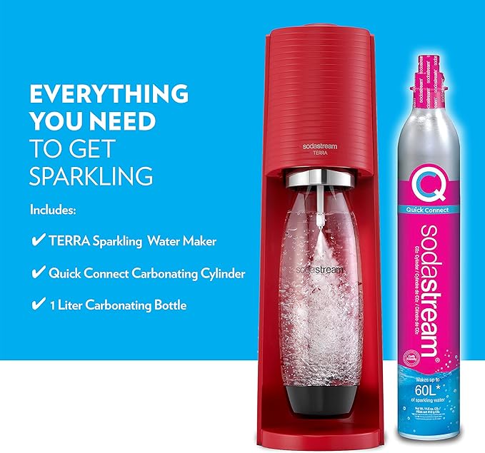SodaStream Terra Sparkling Water Maker (Red) with CO2 and Dishwasher Safe Bottle