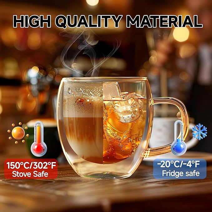 Set of 4 Double Walled Glass Coffee Mugs 3 Ounces Insulated Layer Coffee Cups with Handle Borosilicate Glass Espresso Cup for Hot Beverage,Cappuccino,Tea,Latte,Wine,Microwave Safe
