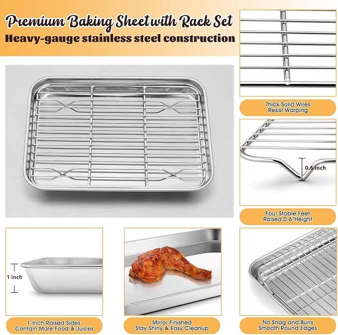 E-far Small Metal Toaster Oven Tray with Rack Set, 9.4”x7.3” Baking Sheet Broiling Pan with Stainless Steel Wire Cooling Rack, Non-Toxic Compact Bakeware for Toaster Oven - Dishwasher Safe