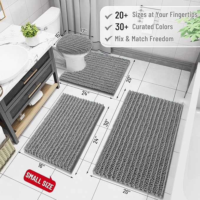 Arotive Luxury Chenille Bathroom Rug Mat, Extra Soft Thick Absorbent Shaggy Bath Rugs, Non-Slip Machine Wash Dry, Plush Bath Mats for Bathroom, Shower and Tub, 24x16, Grey