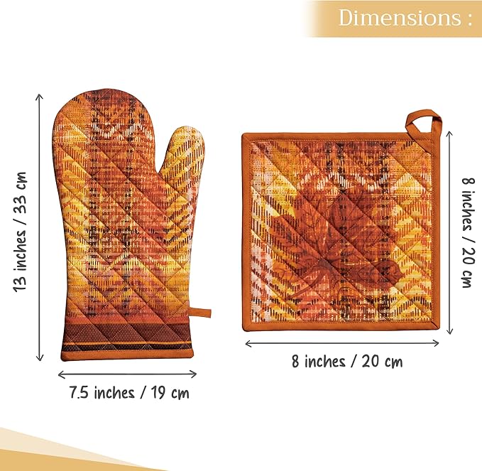 Maison d' Hermine 100% Cotton Oven Mitt & Pot Holder Set (7.5"x13" & 8"x8") Heat Resistant BBQ Cooking Gloves with Loop, Baking, Grilling, Kitchen, Handling Hot Pans (Thanksgiving Tartan)