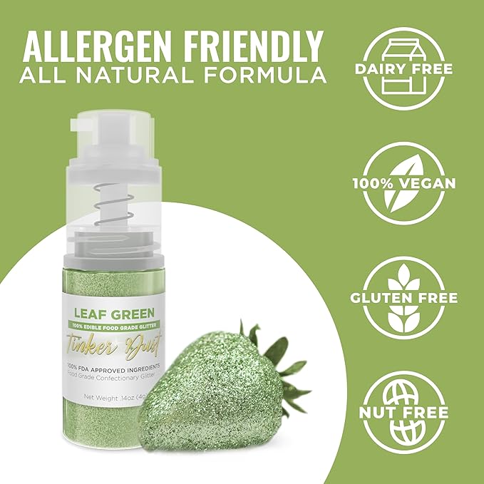 Bakell - Leaf Green Tinker Dust (4g, 1x Mini Spray Pump) Edible Glitter for Food, Desserts, and Beverages!