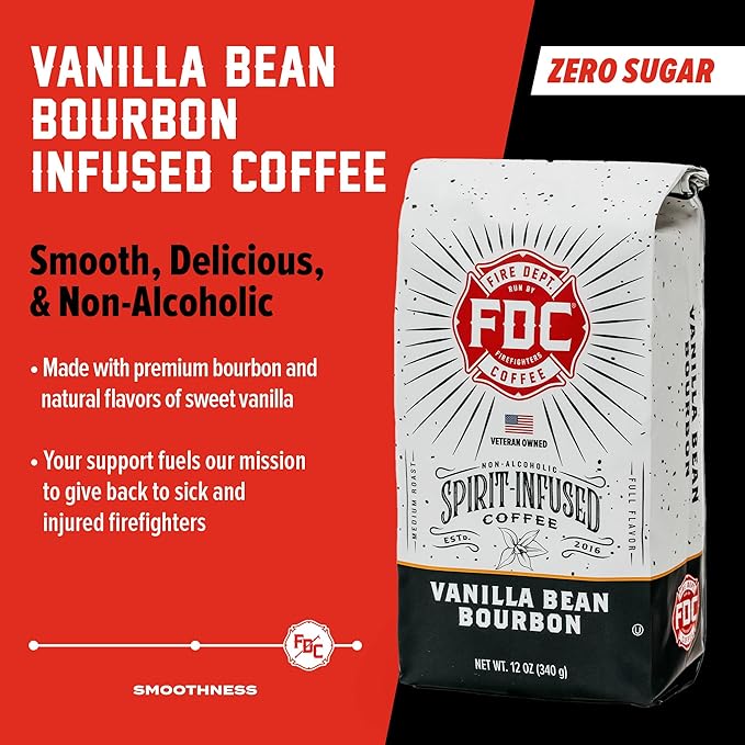 Fire Department Coffee - Vanilla Bourbon Coffee - Gives Back to Firefighters - Vanilla Bean Bourbon Infused Whole Bean - Non-Alcoholic - Roasted in the USA - Veteran Owned - 12 oz