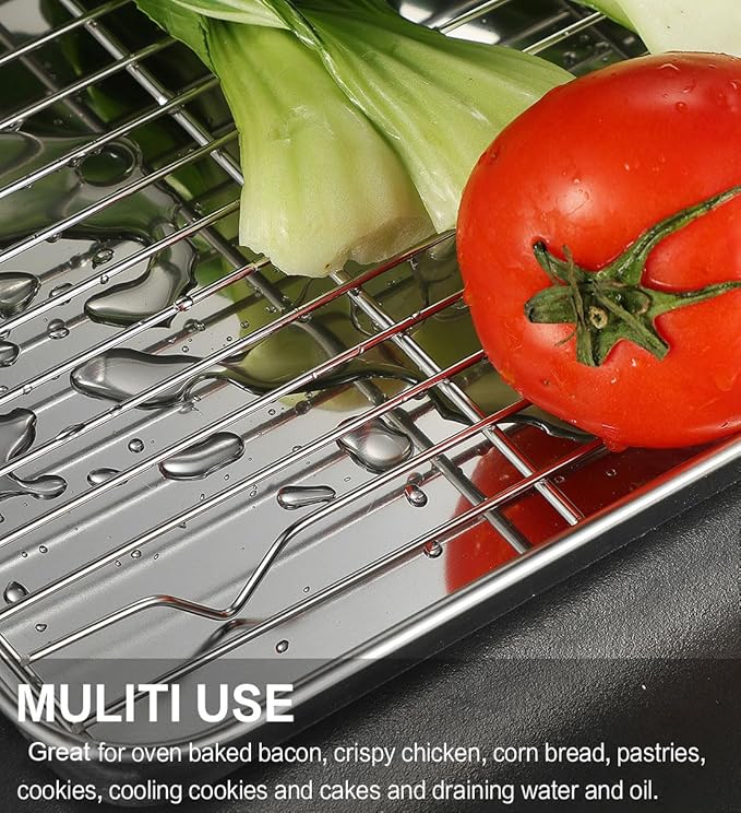 Stainless Steel Baking Sheet Tray Cooling Rack with Silicone Baking Mat Set, Cookie Pan with Cooling Rack, Set of 6 (2 Sheets + 2 Racks + 2 Mats), Size 16 x 12 x 1 Inch, Easy Clean