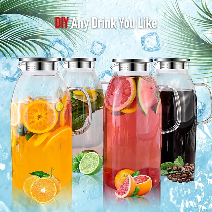 Glass Pitcher, veecom 105 Oz Large Glass Water Pitcher with Handle and Lid, Pitchers for Drinks, Iced Tea Pitcher for Fridge, Lemonade Juice Jugs