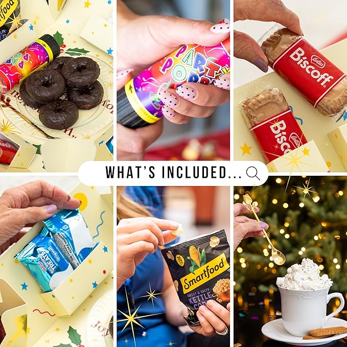 Explosion Gift Box with Treats – Premium Surprise Snack Box with Donuts, Cookies, Chips & More – Blank Design for Any Occasion – Party, Celebration, or Just Because Gift (Happy Holidays)