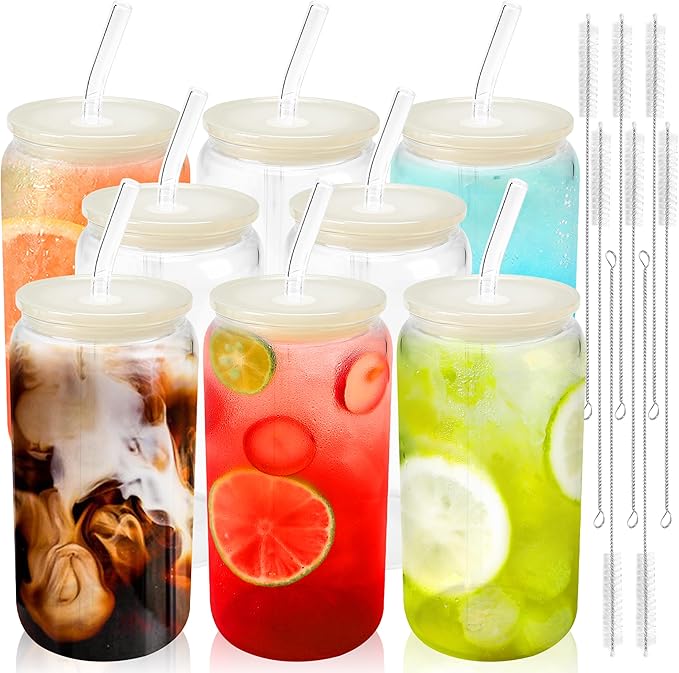 Joyclub 8pcs Glass Cups with Acrylic Lids and Straws 16 oz Can Shaped Glass Iced Coffee Cups with Lids and Straws, Cute Tumbler Cup Drinking Glasses for Smoothie Whiskey Boba Soda Tea Gift