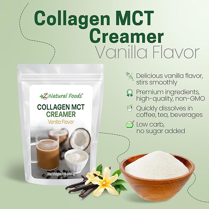 Z Natural Foods Collagen MCT Oil Creamer - Pure MCT Creamer Powder with Collagen Peptides - Collagen Creamer for Coffee, Tea & Culinary Use - Healthy Creamer, Keto & Paleo Friendly, Vanilla, 1 lb