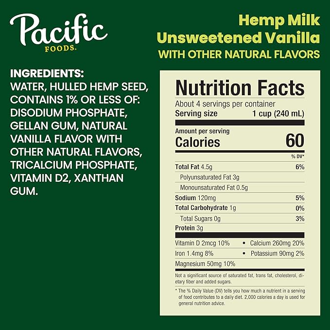 Pacific Foods Unsweetened Vanilla Hemp Milk, Plant Based Milk, 32 oz Carton