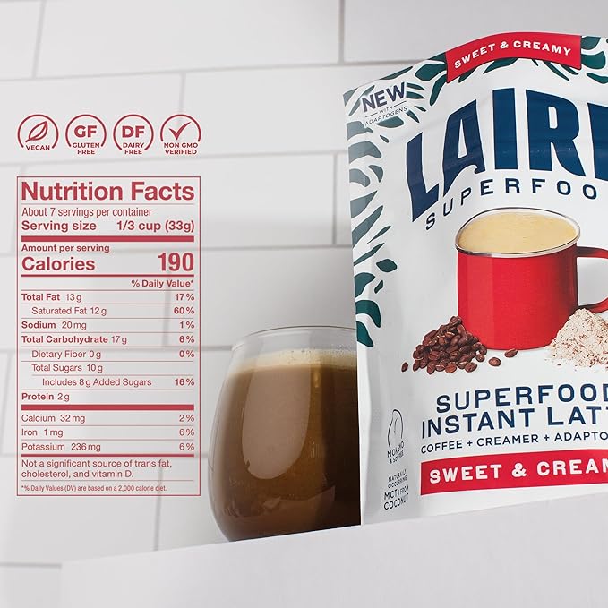 Laird Superfood Instant Latte 100% Arabica Coffee Sweet & Creamy, Non-Dairy, Superfood Creamer, Gluten Free, Non-GMO, Vegan, 8 oz. Bag, Pack of 1