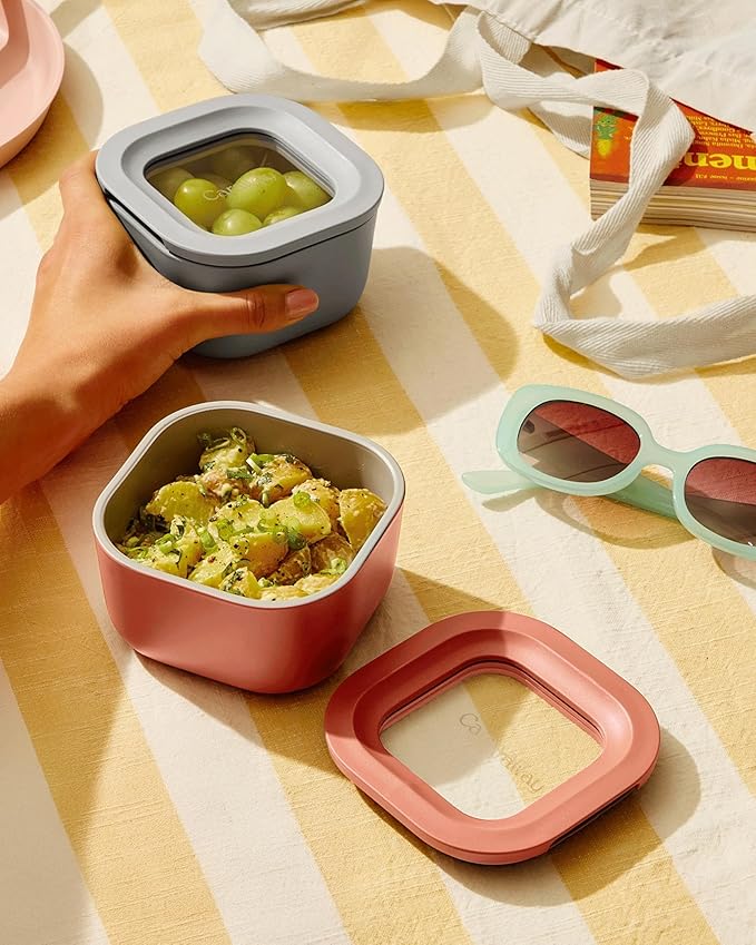 Caraway Mini Food Storage 11pc Set - Glass Storage Containers for Food - Non-Toxic Ceramic-Coated Glass - Air Release Technology - Compact & Stackable Design - Gray
