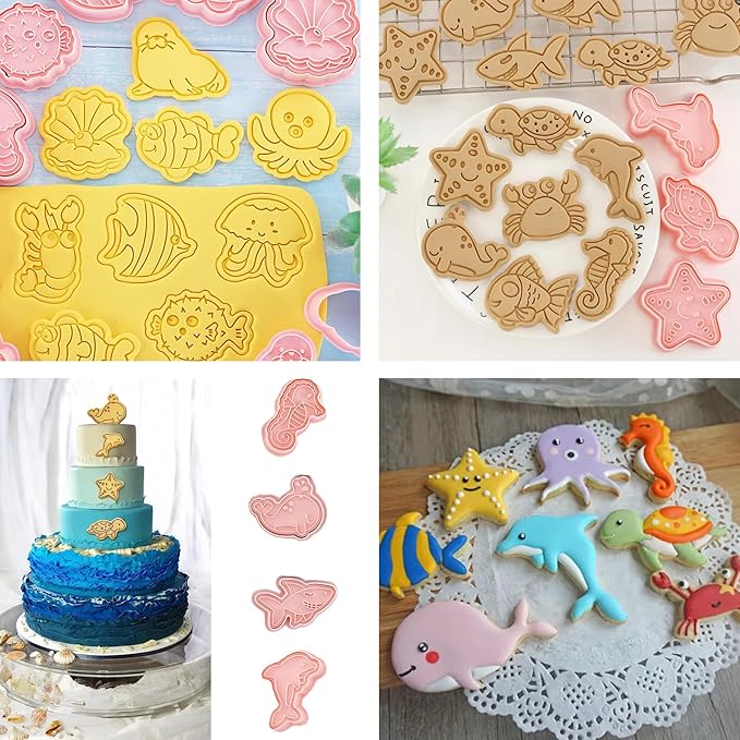 16Pcs Ocean Animal Cookie Cutters with Plunger Stamps Set, Fish, Dolphin, Starfish Plastic Biscuit Cutters, Sea Themed DIY Embossing Cutter for Biscuit Cookie Fondant Cheese Baking (F16)