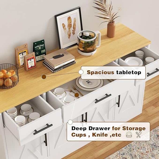 Vongrasig 53' Large Sideboard Cabinet with 4 Doors and 3 Drawers, Farmhouse Buffet Table Coffee Bar Kitchen Storage Cabinet, Wood Buffet Table for Kitchen, Dining Room, White