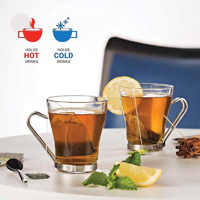 Bormioli Rocco OSLO Glass Coffee Mug - 7 ½ Ounce Espresso Cups (4 Pack) with Metal Handle Perfect Tea Glasses for hot and cold beverages, Thermal Shock Resistant, Tempered Glass, for Latte, Cappuccino
