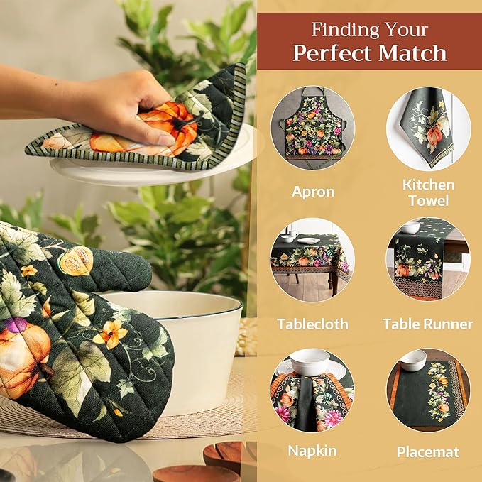 Maison d' Hermine 100% Cotton Oven Mitt & Pot Holder Set (7.5"x13" & 8"x8") Heat Resistant BBQ Cooking Gloves with Loop, Baking, Grilling, Kitchen, Handling Hot Pans (Pumpkin Garden - Dark Green)