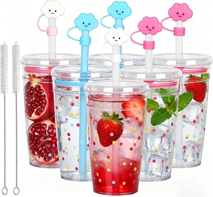 Clear Tumbler Cup, 16 oz Plastic Iced Coffee Cup with Lid and Straw, 6 Pack, Reusable and Dishwasher-Safe, for Gatherings and Outdoor Adventures (6, Dots)
