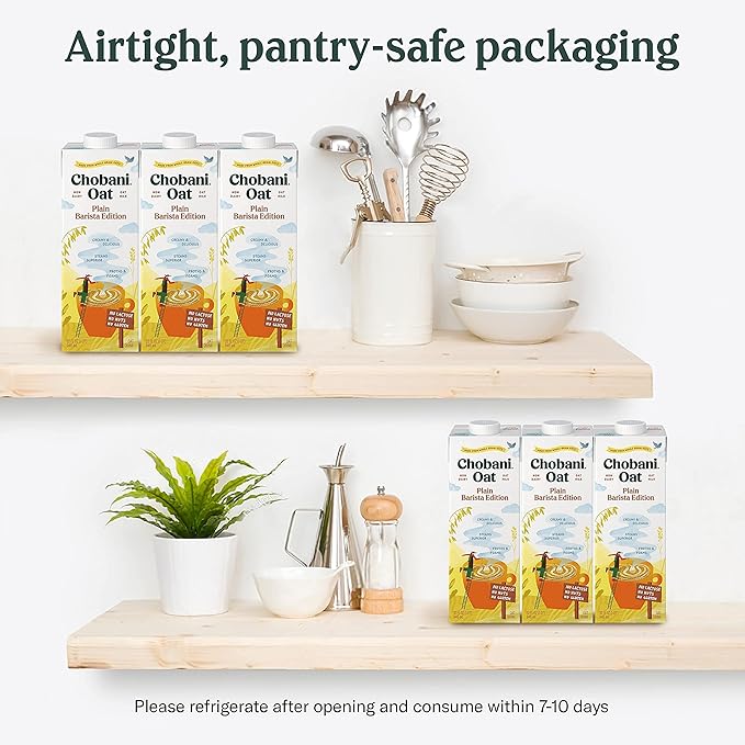 Chobani Oat Milk, Plain Oat Barista Edition, Shelf Stable Non Dairy Milk, Creamer, Vegan Friendly, Gluten-Free, 32 FL OZ (Pack-6)