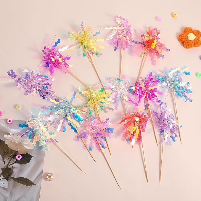 35Pcs Foil Firework Cupcake Toppers, Sparkle Tinsel Cake Toppers, Tinsel Drink Cake Decoration, Cocktail Food Fruit Toothpick for Cake Decoration Party Supplies