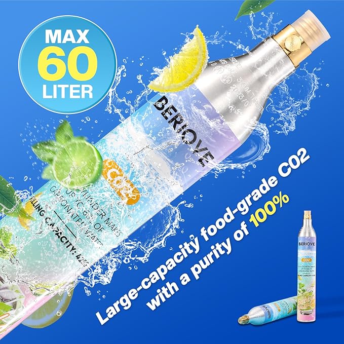 CO2 Cylinder for Soda Maker - 60L Durable CO2 Cartridges for Screw-In Soda Makers Compatible, Exchange Carbonator & Sparkling Water - Carbonates Any Drink with Threaded Cylinders (1PCS)