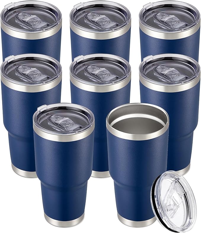30 oz Tumbler with Lid Stainless Steel Tumblers Bulk Vacuum Insulated Cup Reusable Powder Coated Travel Mug Double Wall Leak Proof Cups Keep Cold Drinks for 12 Hours Navy, Set of 8