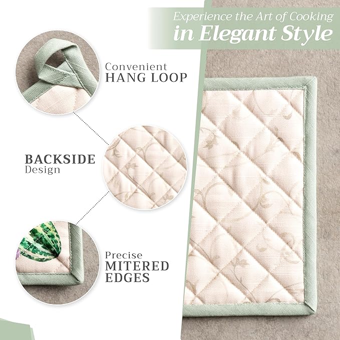Maison d' Hermine 100% Cotton Oven Mitt & Pot Holder Set (7.5"x13" & 8"x8") Heat Resistant BBQ Cooking Gloves with Loop, Baking, Grilling, Kitchen, Handling Hot Pans (Lumina)