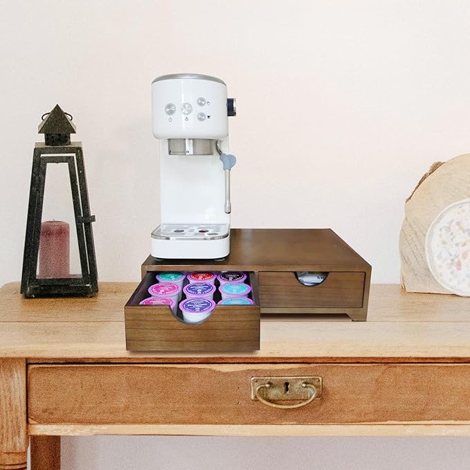 Wooden Coffee Pod Organizer with 4 Anti-Slip Feet, Elevated Coffee Pod Storage Box, Tea & Coffee Capsule Holder, 30 Pod Capacity with Drawer for Moisture Protection