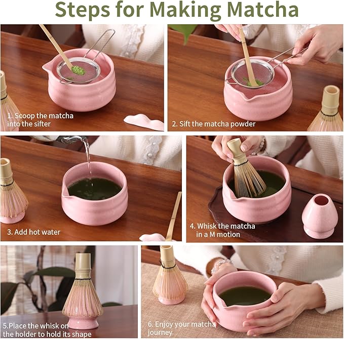 Japanese Matcha Whisk Set - 7-Piece Kit Bamboo Chasen, Ceramic Bowl with Spout, Stainless Steel Sifter & Holder Pink