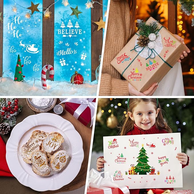 JULBEAR 36 Pieces Reusable Christmas Cake Stencils Templates Molds Tools for Christmas Holiday New Year Cookies Baking Painting Dessert Coffee Decoration