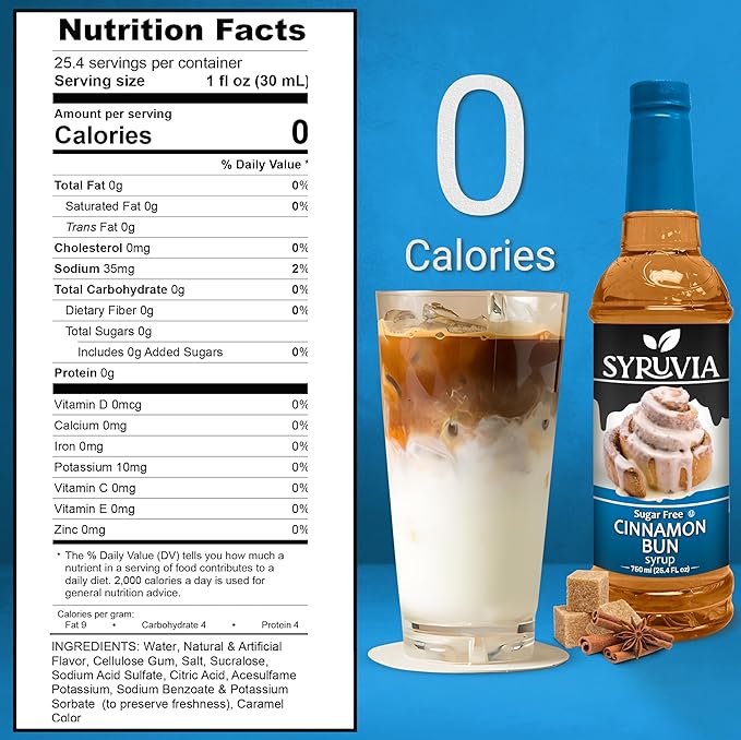 Syruvia Sugar Free Coffee Syrup, Cinnamon Bun Flavored Syrup for Drinks, Lattes, and Desserts – 25.4 fl oz, With Pump