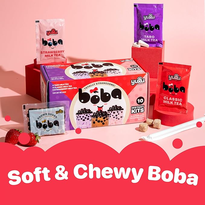 Boba Bundle Kit 10 Serv. Instant Bubble Pearl Variety Milk Tea Kit with Authentic Brown Sugar Tapioca Pearls by Yulu Foods - Ready in Under 1 Minute, Includes Paper Straws - Gift Box, Holiday (Classic, Taro and Strawberry)