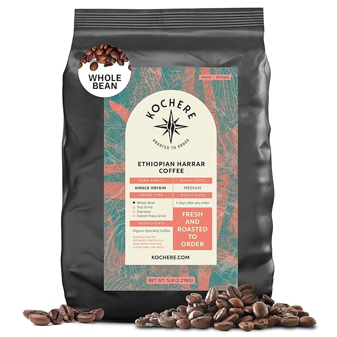 Kochere Ethiopian Harrar Whole Bean Coffee – 5 lb Bag – Organic, Single-Origin, Medium Roast – Artisanal Small-Batch Roasted for Specialty Cafés & Discerning Coffee Lovers