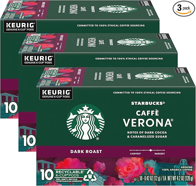 Starbucks Coffee K-Cup Pods, Caffè Verona, Dark Roast Coffee with Notes of Dark Cocoa & Caramelized Sugar, Keurig Genuine K-Cup Pods, 10 CT K-Cups/Box (Pack of 3 Boxes)