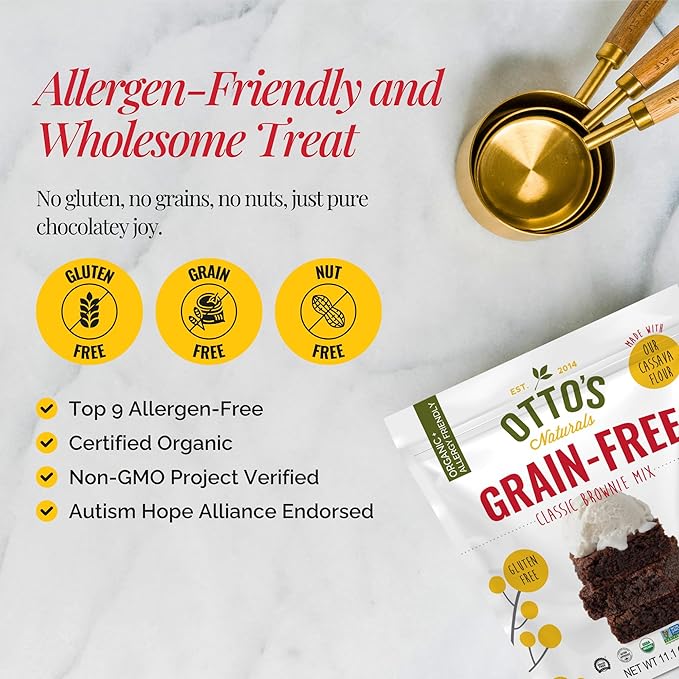Otto's Naturals Grain-Free Classic Brownie Mix, 11.1 Oz., Top 9 Allergen-Free, Organic Cassava Flour, Gluten Free, Non-GMO, Vegan, Plant-Based
