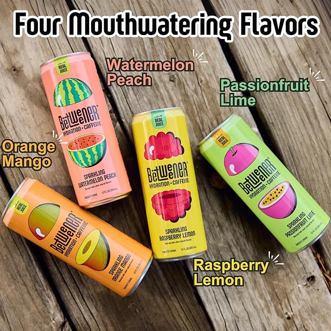Betweener Sparkling Energy Seltzer, Sparkling Water w/Real Juice & 100mg Caffeine, Light & Refreshing, L-Theanine for Focus, Vitamins B+C - Low Sugar - 45 Cals - Variety Pack (12 Pack)