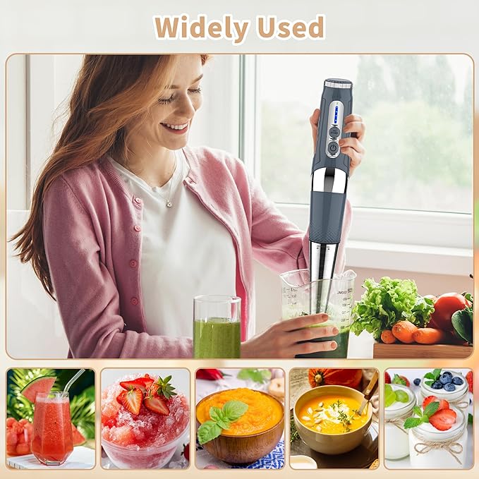 Cordless Immersion Blender Handheld: Powerful Rechargeable Electric Hand Blender, 21-Speed & 3-Angle Adjustable with Stainless Steel Blades for Milkshakes, Smoothies, Soup, Puree, Baby Food (Grey)