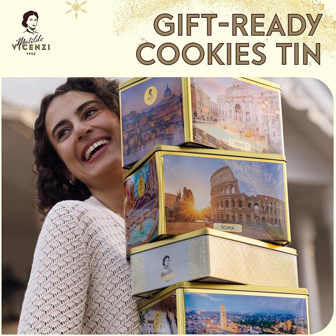 Matilde Vicenzi Verona Gift Tin - Assortment of Italian Pastries and Cookies - Gourmet Gifts For Thanksgiving & Christmas - Assorted Cookies in Italian Design Tin 32oz (907g)