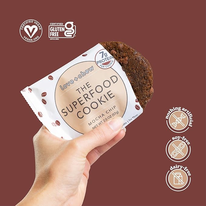 Love + Chew Superfood Soft Baked Cookies, Mocha Chip Flavor, Plant Based Cookie Made With Coffee Extract & Dark Chocolate for Kids and Adults, Vegan Snacks, Gluten Free, Paleo, Non GMO, 60 Pack