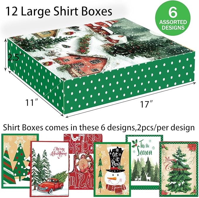 12 Large Christmas Gift Wrap Boxes bulk with Lids, 12 tissue paper and 80 Count Foil Christmas Tag Stickers for wrapping oversized Clothing (Robes, Sweater, Coat, Shirts) and Xmas Holiday Present