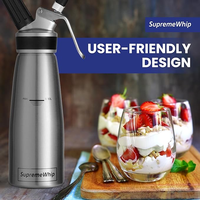 PRO Cream Dispenser, Durable High-Grip, Metal Lid with Rubber, 3 Nozzles, for Hot/Cold Use, Cleaning Brush Included, Silver - 500 ml / 1 Pint