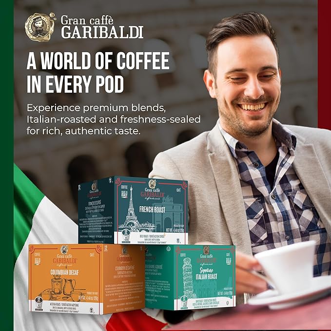 Caffè Garibaldi Colombian Decaf Coffee Pods, Single-Serve Capsules for Keurig K-Cup Brewers, Single Serve Cups with 100% Arabica Blend for Coffee Makers, 72 Count Recyclable Pods - Medium Roast