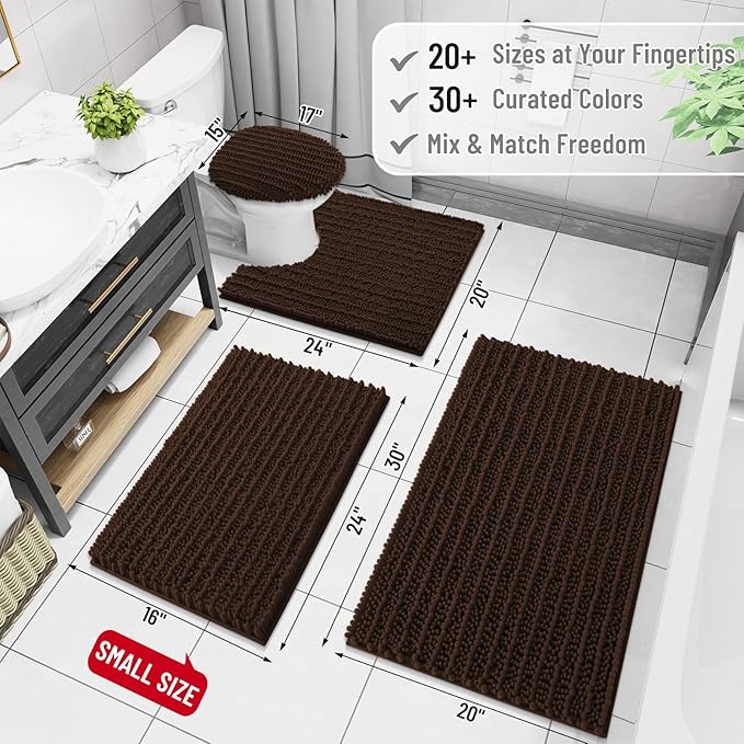 Arotive Luxury Chenille Bathroom Rug Mat, Extra Soft Thick Absorbent Shaggy Bath Rugs, Non-Slip Machine Wash Dry, Plush Bath Mats for Bathroom, Shower and Tub, 70x24, Brown