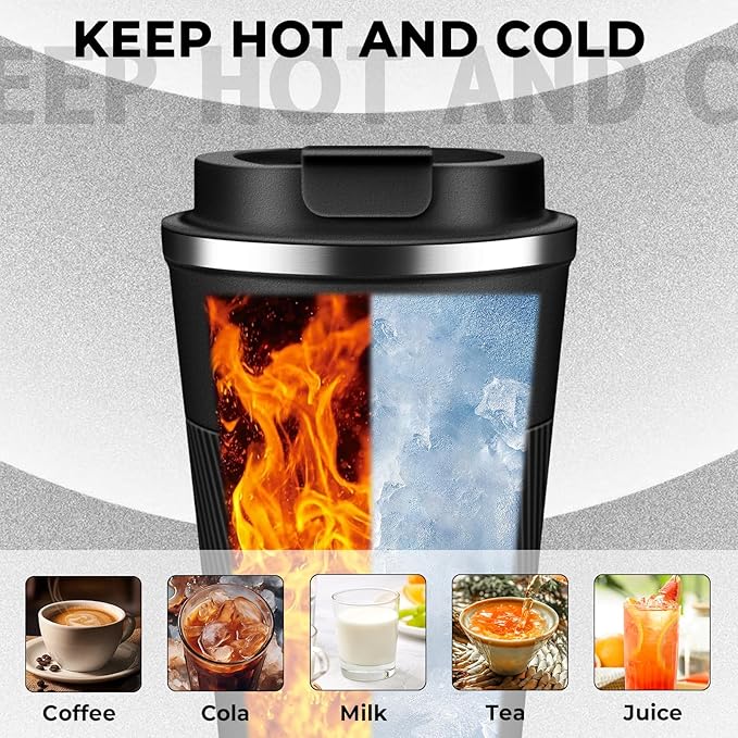 Insulated Coffee Tumbler 17 oz, Stainless Steel Coffee Mug with Lids, Travel Coffee Mug Leak Proof, Double Wall Vacuum Insulated Reusable Coffee Cup, Keep Drinks Hot and Cold (Black, 17 Ounces)