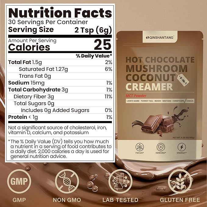 Mushroom Coffee Creamer, Chocolate Flavored Coconut Creamer with Cacao Powder, MCT and 6 Adaptogens (Lion's Mane, Chaga, Reishi) for Focus, Immunity – Sugar & Caffeine Free, Vegan, Gluten-Free, 6.35 Oz