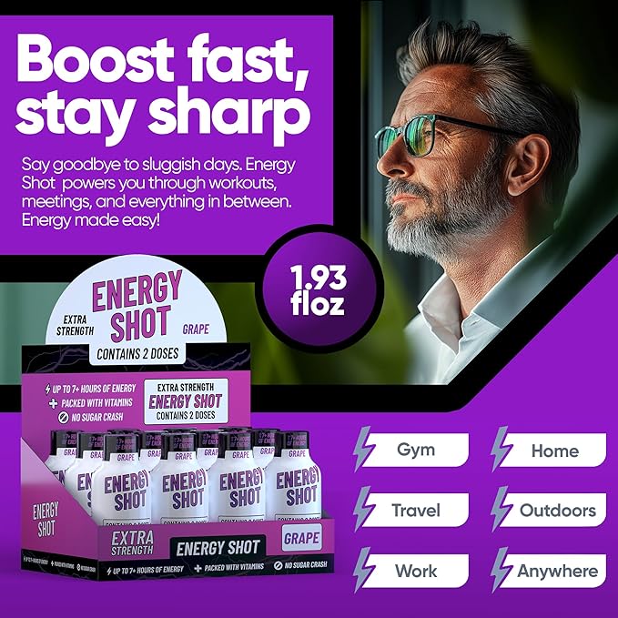 Grape Extra Strength Energy Shot 24 pk – 260mg Natural Caffeine B12 B6 – Energy & Focus Support – 2 Servings Sugar Free Zero Calorie Green Tea B-Vitamins Electrolytes Vegan – 1.93 fl oz